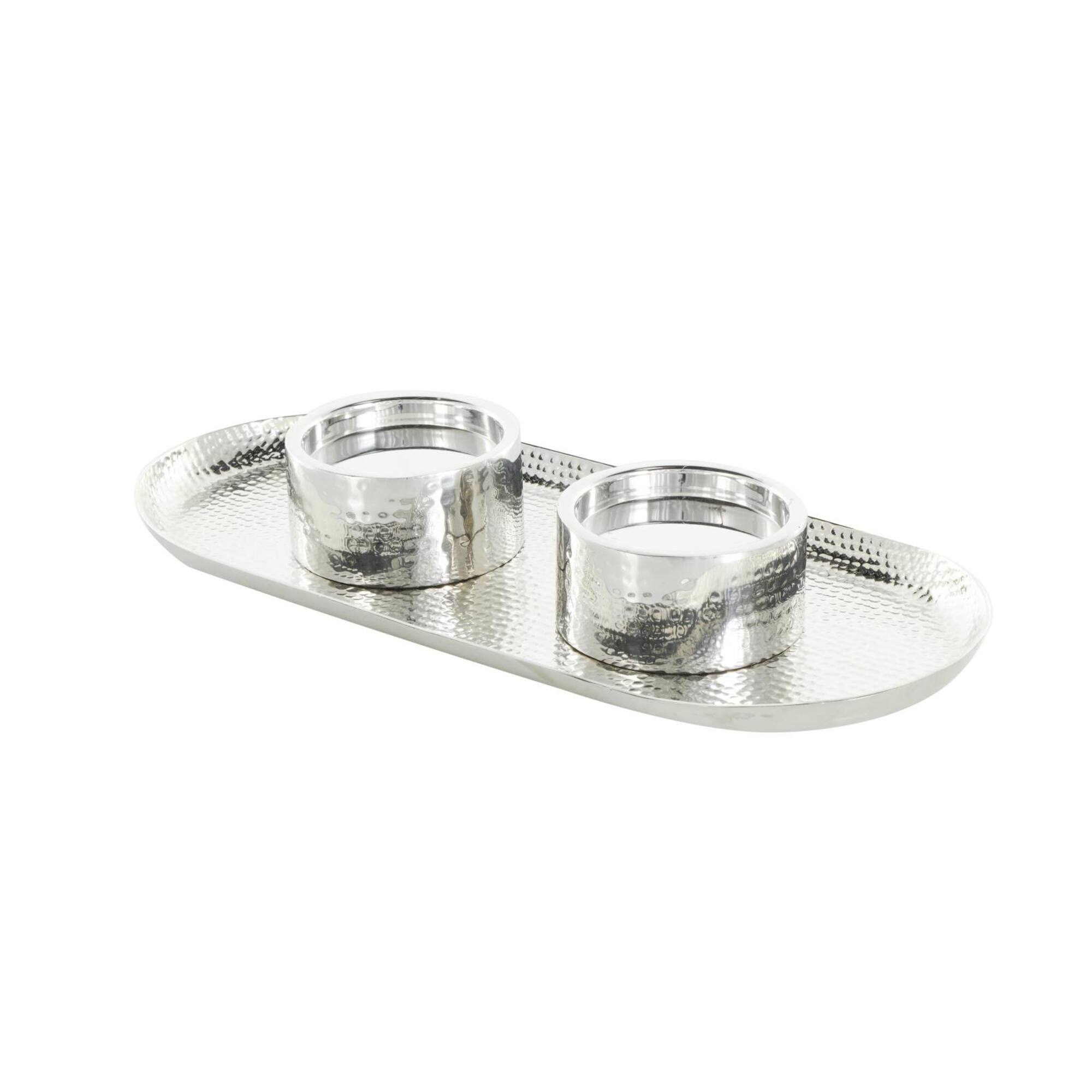 16" Silver Stainless Steel Metal Hammered Candle Holder with Oval Tray Plate